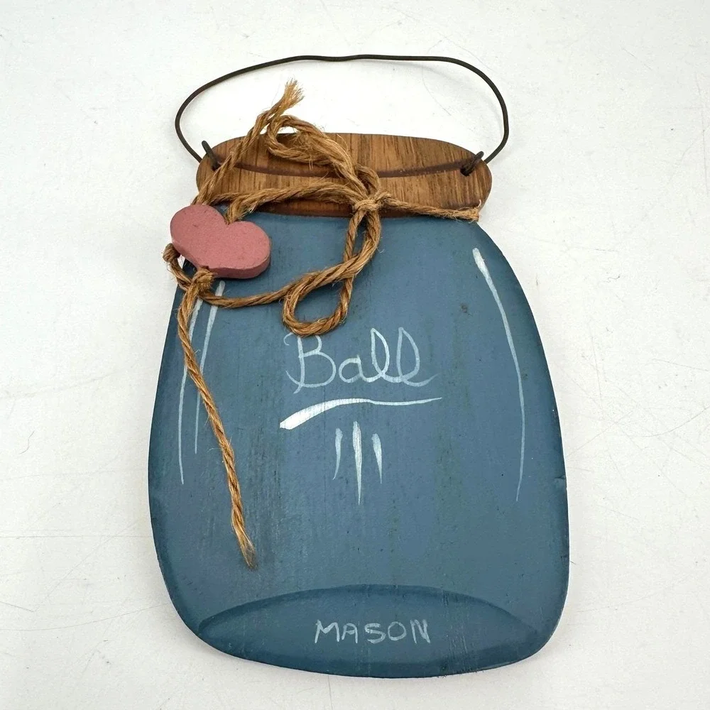 Hand Painted Wooden Mason Jar Wall‎ Hanging Blue Rustic Farmhouse Decor Heart
